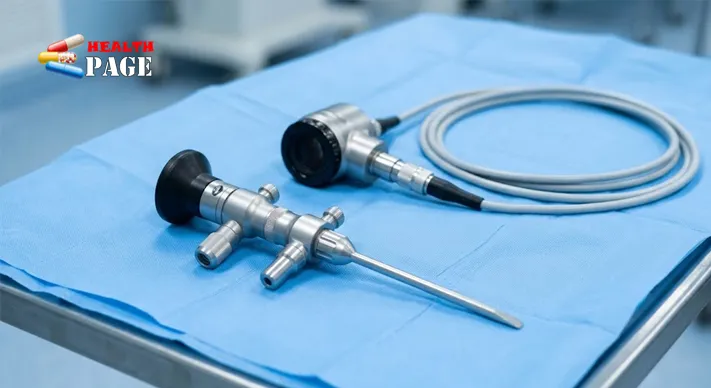 Arthroscope, camera head and fibre-optic light cable arranged on a sterile blue drape on an instrument table