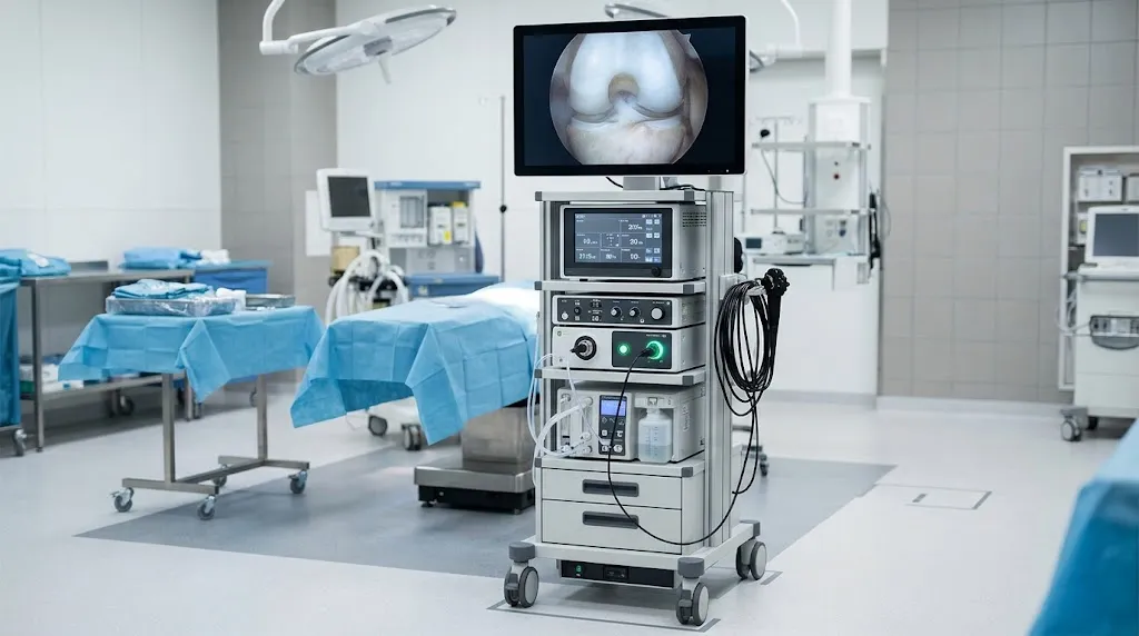 Modern arthroscopy tower with medical monitors, camera system, light source, and fluid management equipment
