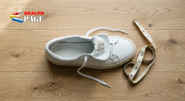 Men's sneaker with its tongue folded forward to show the inner size label, beside a fabric measuring tape on a wooden surface