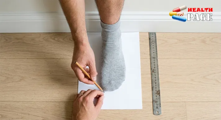 Top-down view of a sock-covered foot on a sheet of paper with a hand marking the longest toe with a pencil and a ruler nearby
