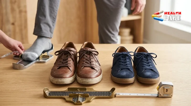 Men's shoes beside a foot measuring tool for comparing US and UK shoe sizes.
