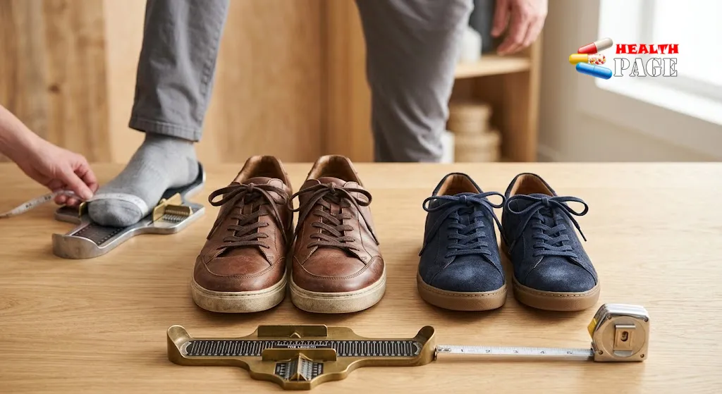 Men's shoes beside a foot measuring tool for comparing US and UK shoe sizes.