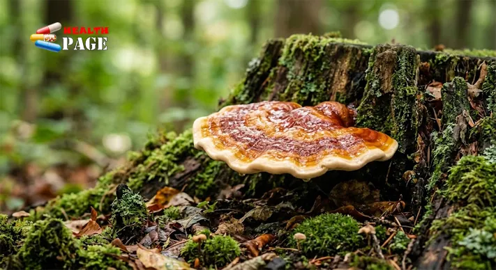 Glossy red-brown reishi mushroom growing on a tree stump in a forest