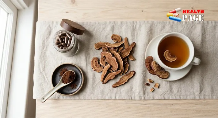 Overhead view of reishi capsules, powder, dried slices and a cup of reishi tea on a wooden table