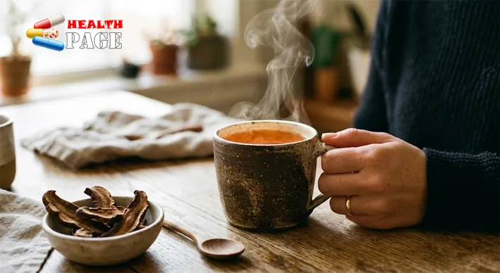 Hand holding a mug of steaming amber reishi tea beside a bowl of dried reishi slices