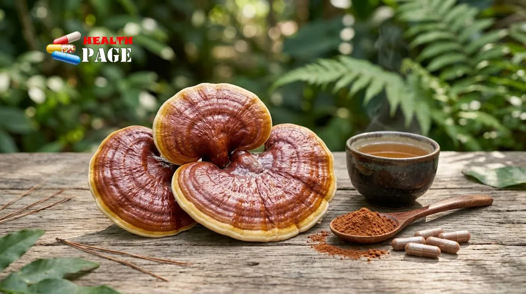 Reishi mushrooms with mushroom powder, herbal tea, and supplement capsules