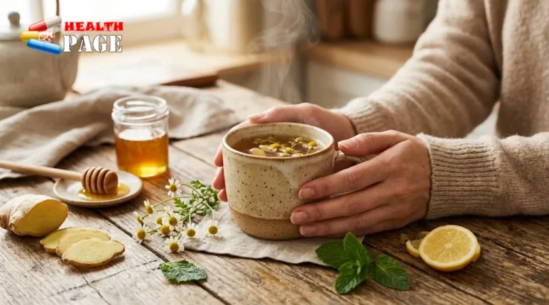Warm herbal tea with ginger, lemon, peppermint and honey for sore throat comfort