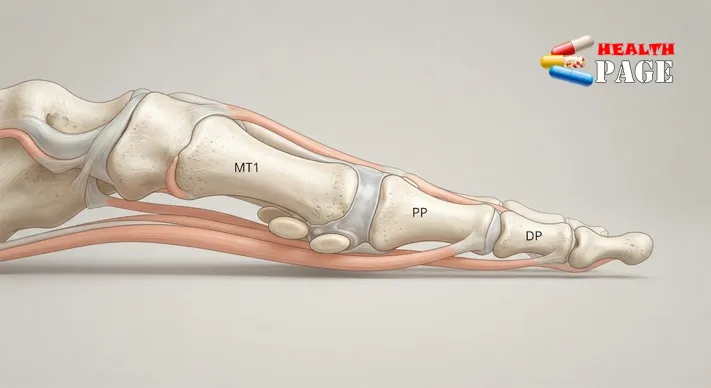 Side-view illustration of the big toe skeleton showing the main toe joint and the two small sesamoid bones underneath it
