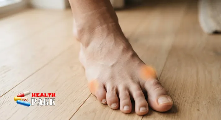 Bare right foot seen from above with soft colored overlays marking the underside of the big toe joint, the inner base of the toe and the nail edge