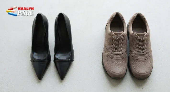 A narrow pointed high-heeled shoe next to a wide, low-heeled walking shoe with a roomy toe box