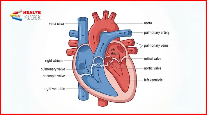 Labelled cross-section diagram of the heart showing the four chambers, four valves, vena cava, pulmonary arteries and veins, and aorta, with blue arrows for oxygen-poor blood and red arrows for oxygen-rich blood