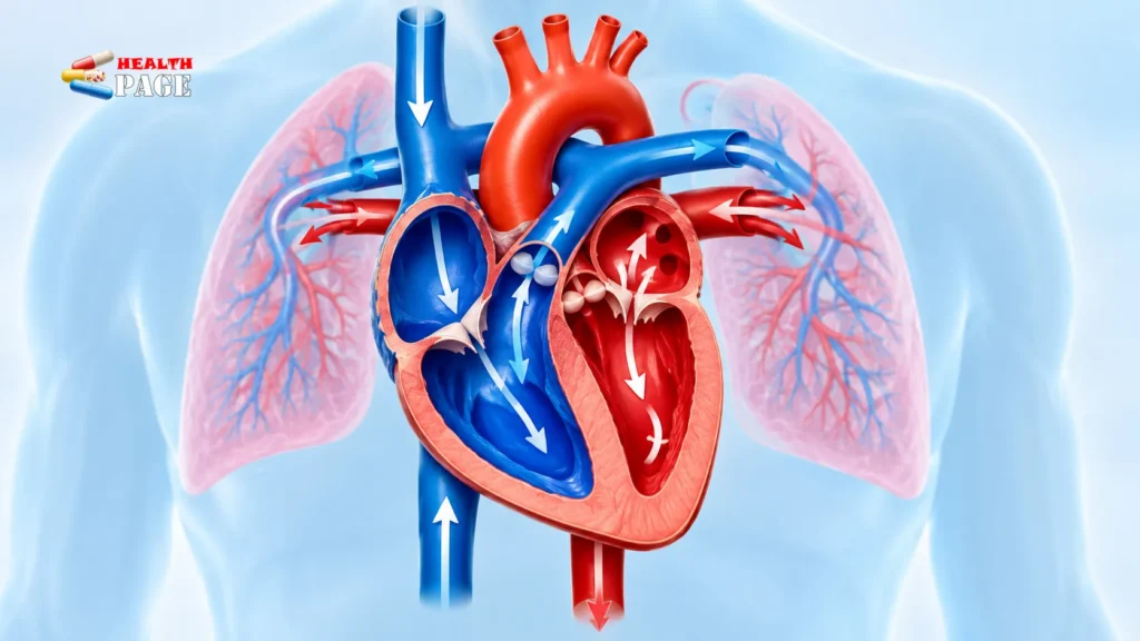 Medical illustration showing blood flow through the heart, with blue oxygen-poor blood and red oxygen-rich blood moving through the heart chambers and major blood vessels.