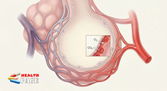 Magnified illustration of a lung air sac wrapped in capillaries, with arrows showing oxygen entering the blood and carbon dioxide leaving it as blood changes from blue to red.