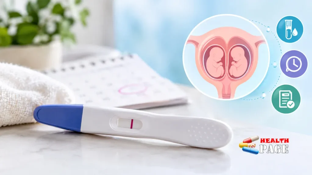 Home pregnancy test showing one line beside a medical illustration of twins in the uterus.
