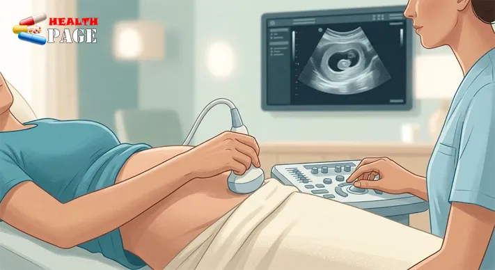 Sonographer holding an ultrasound probe on a patient’s abdomen in a softly lit clinic room, with a scan monitor visible in the background.