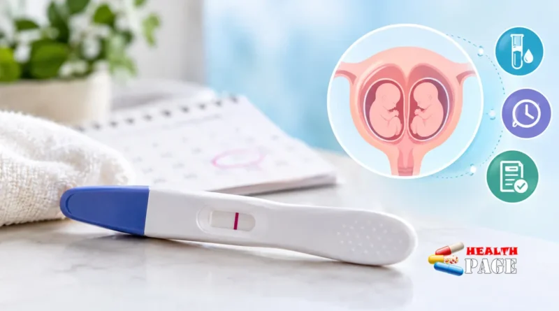 Home pregnancy test showing one line beside a medical illustration of twins in the uterus.