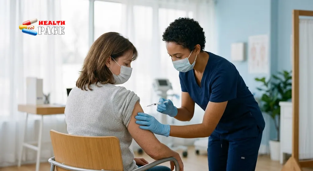A clinician giving a vaccine injection to the upper arm of a seated adult in a bright clinic