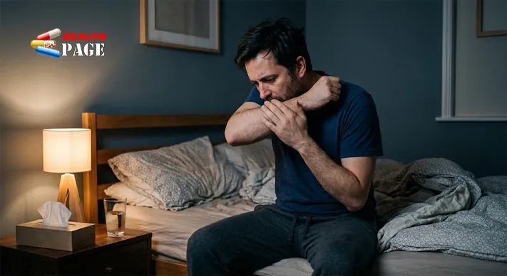 An adult sitting on the side of a bed at night coughing into their elbow beside a lamp, water glass and tissues