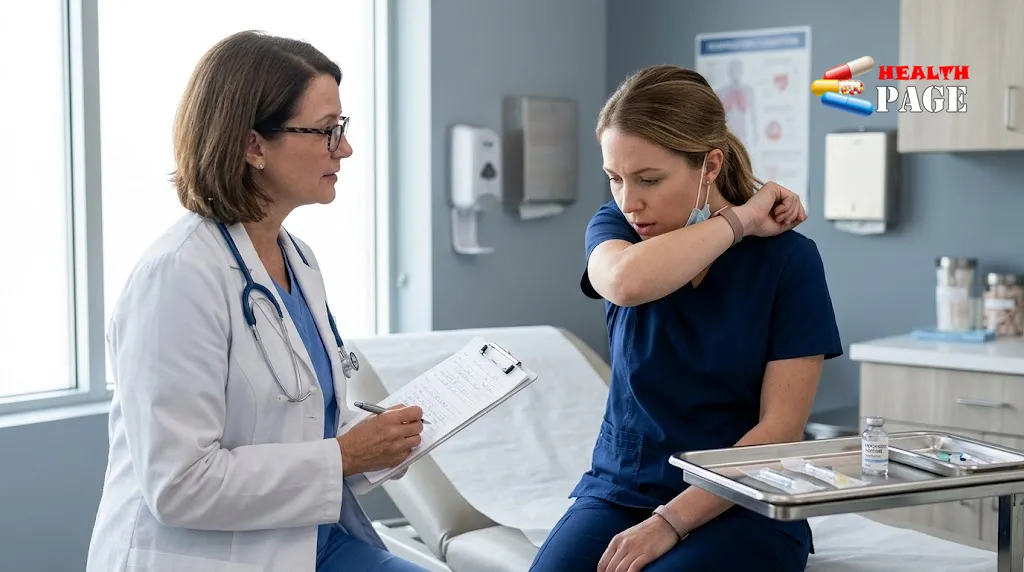 Adult coughing into their elbow during a medical consultation about whooping cough after vaccination.