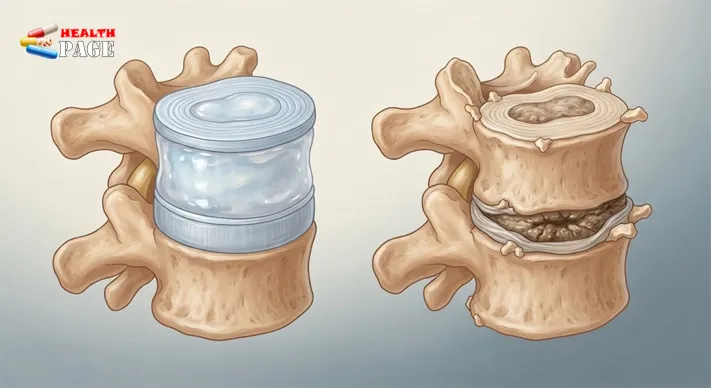Side-by-side illustration of a healthy spinal disc with full height and a degenerated disc that is thinner, drier and surrounded by small bone spurs