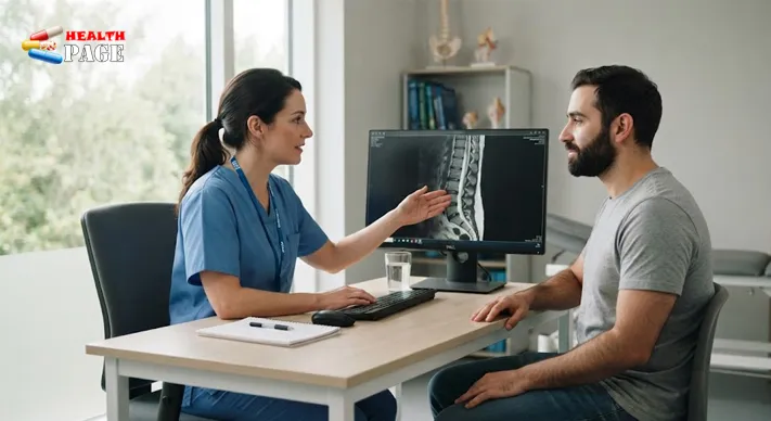 A clinician and an adult patient sitting together in a consulting room reviewing a spine MRI scan on a computer monitor