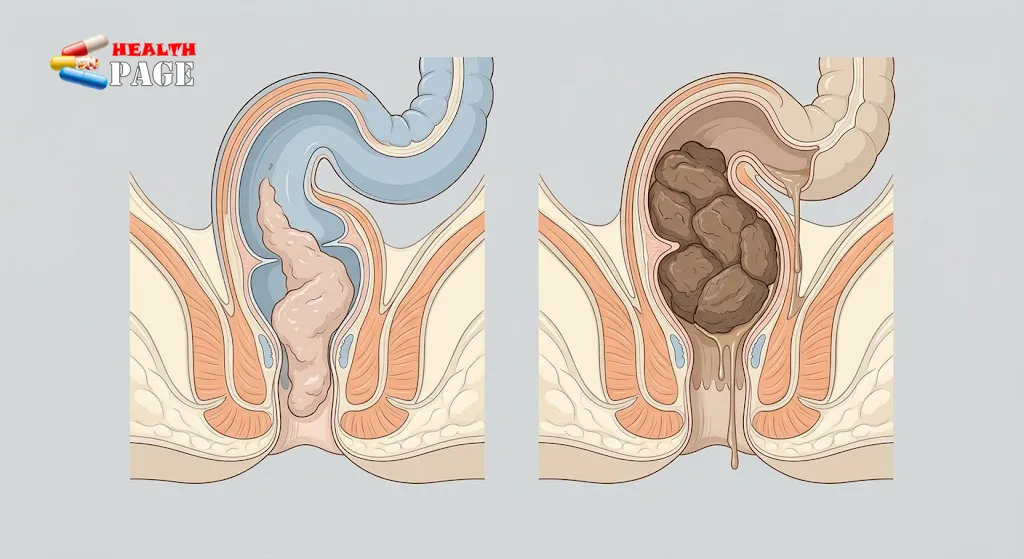 Side-by-side cross-section diagram of the rectum, one with normal soft stool and one with a hardened stool mass and liquid passing around it