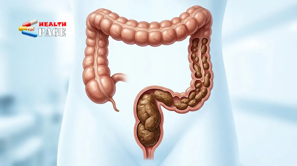 Medical illustration comparing constipation and fecal impaction in the lower digestive system