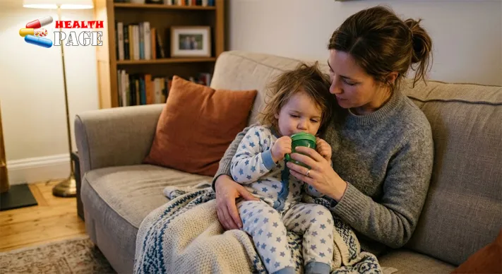 Tired toddler in pyjamas sipping water from a small cup while sitting on a parent’s lap