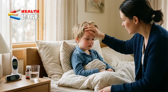 Parent checking the forehead of a flushed child in bed, with a thermometer and glass of water on the bedside table
