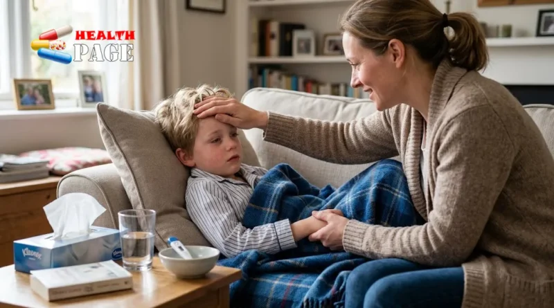 Parent caring for a child resting at home with flu-like symptoms.