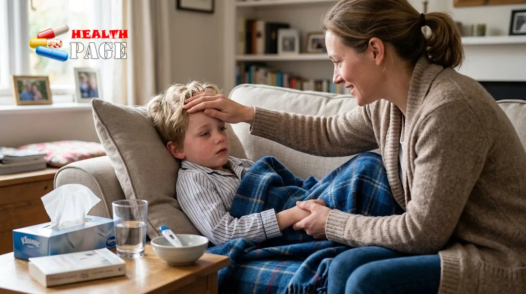 Parent caring for a child resting at home with flu-like symptoms.