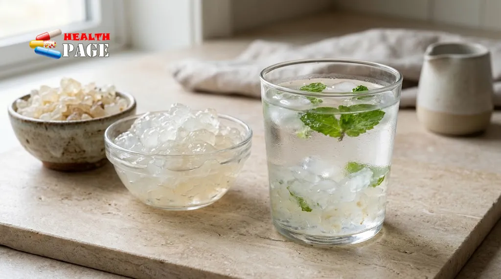 Dry gond katira crystals beside soaked translucent tragacanth gum and a glass of chilled water.