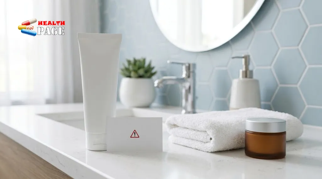 Hair removal cream tube and skincare products illustrating genital hair removal safety.