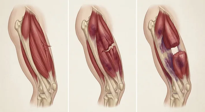 Three-panel illustration showing a mild muscle strain with a few frayed fibres, a moderate partial tear, and a severe complete tear with a visible gap in the muscle.