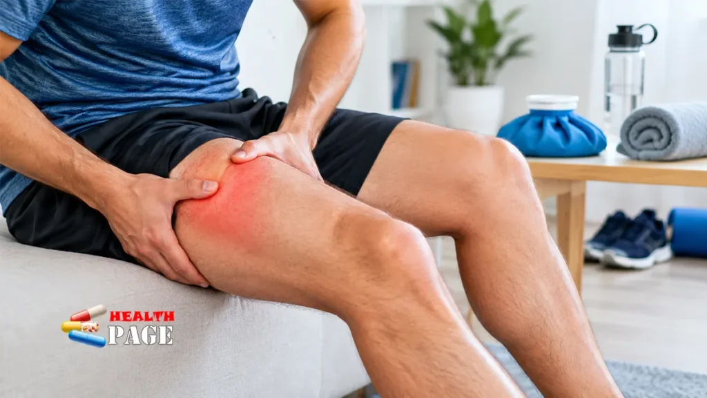 Adult holding a painful thigh muscle after a strain