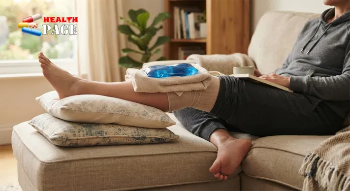 Person sitting with their leg raised on cushions and a towel-wrapped ice pack and elastic bandage placed on the back of the thigh.