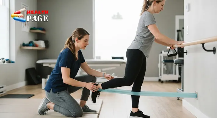 Physiotherapist watching a patient perform a light resistance-band leg exercise during rehabilitation after a muscle strain.