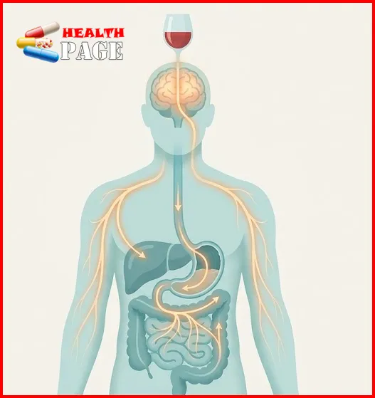 Illustrated cutaway of the digestive system showing alcohol travelling from the stomach and small intestine into the bloodstream, then to the brain and liver.