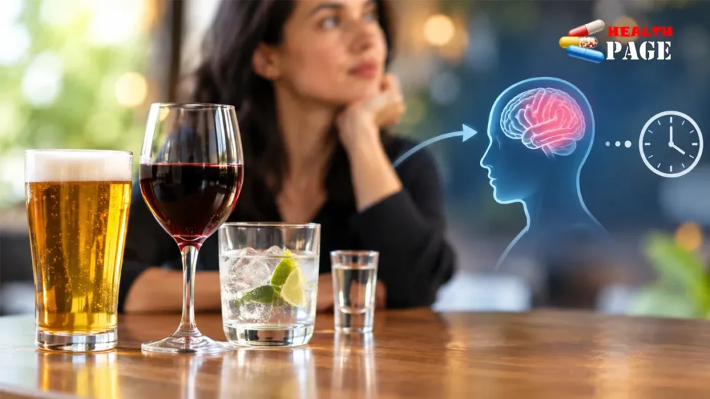 Alcoholic drinks on a table illustrating how alcohol affects the brain and how quickly its effects may begin.