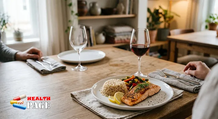 Dinner plate of salmon, rice and vegetables beside a glass of red wine on a wooden table.