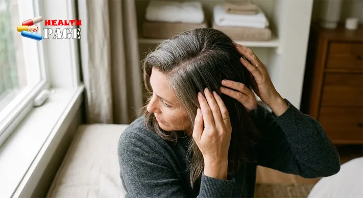 Woman in her late forties parting her hair with her fingertips to look at her scalp in soft window light