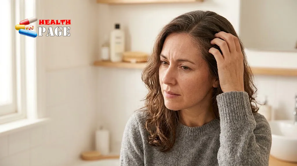 Woman gently scratching her scalp due to itching during perimenopause.