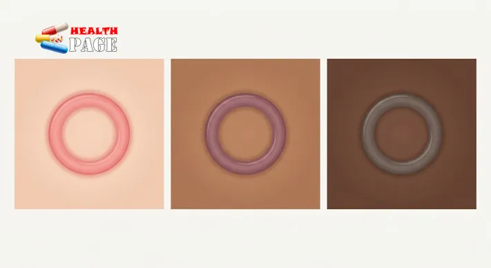 Three illustrated skin swatches in light, medium, and deep skin tones, each showing a ring-shaped fungal rash in a different color