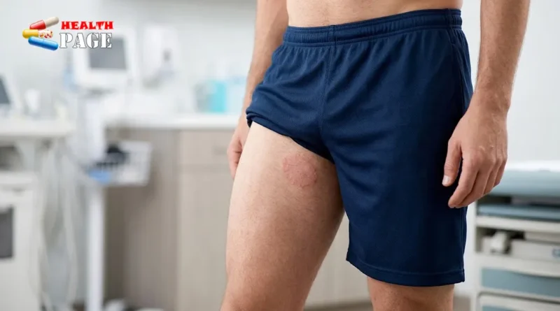 Medical illustration of jock itch fungal rash on the upper inner thigh.