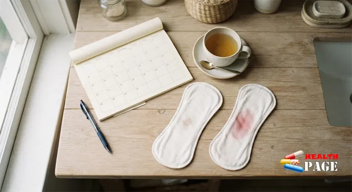 Two cotton panty liners beside a paper calendar and pen, one with a small spot and one with a slightly broader light flow, illustrating how spotting can differ from a light period.