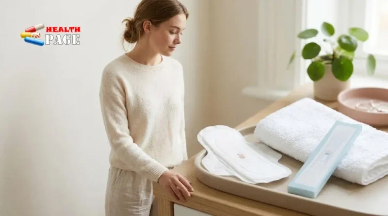 Light period vs implantation bleeding, with a pregnancy test and a menstrual pad showing light spotting.