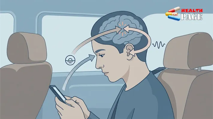 Illustration of a passenger looking at a phone in a moving car, with arrows showing the eyes and inner ear sending conflicting signals to the brain.