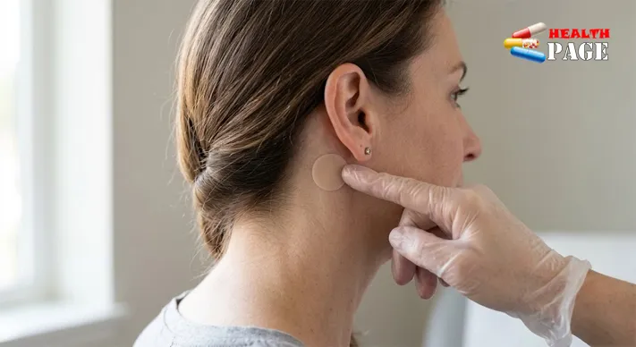 Adult applying a small round skin patch to the hairless area behind the ear to help prevent motion sickness.