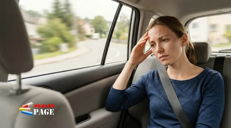 Adult passenger experiencing motion sickness while travelling in a car.