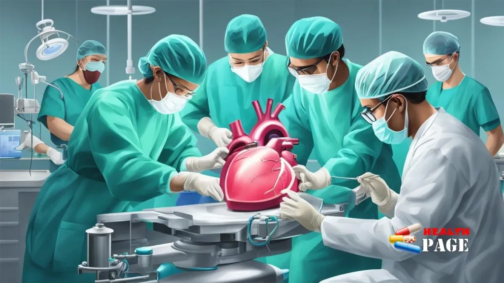 Medical illustration showing open heart surgery and the human heart.